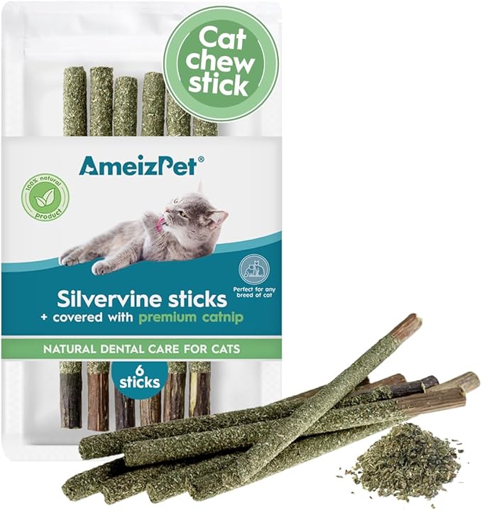 Silvervine Sticks for Cats, Chew Sticks Covered with Catnip Dust - Natural Matatabi Cat Dental Care, Silvervine Cat Teeth Cleaning, 6 Pcs-Mewly Pet