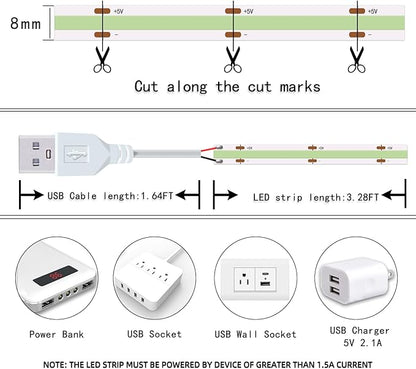 LED Strip Lights ICE Blue COB 320 LEDs High Brightness Indoor Use Flexible Thin LED Lights for Home DIY Display Cabinet 5V USB LED Short Light, Commercial Decoration TV Lights (3.28FT/3Pack)
