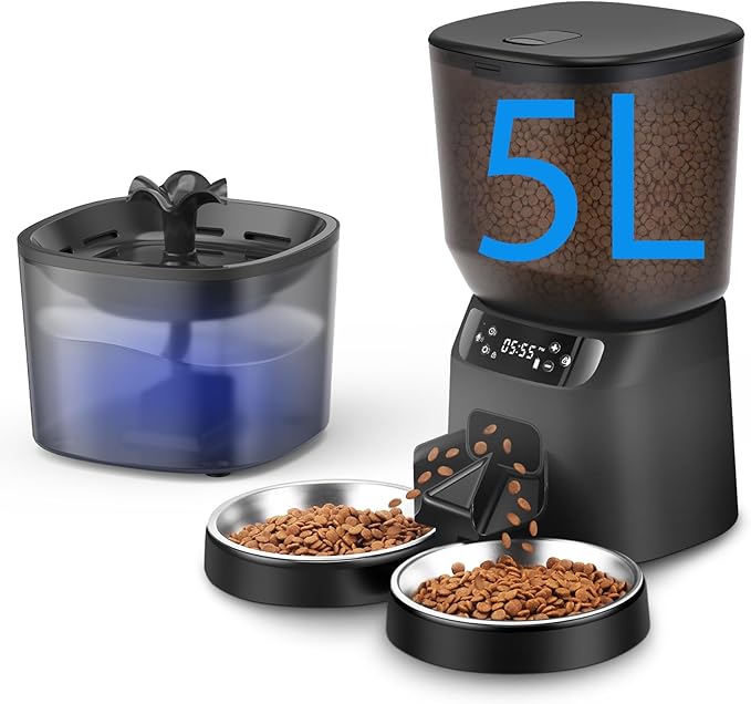 Automatic Cat Feeder and Water Fountain, 5L/20 Cups Timed Cat Dry Food Dispenser, 10s Meal Call, 20 Portions 6 Meals Per Day, 2L Cats Fountains for Drinking with Filter, Pet Feeder for Dog Black-Mewly Pet