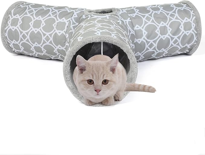 LUCKITTY Geometric 3 Way Cat Tunnel with Plush Inside,Cats Toys Collapsible Tunnel Tube with Balls, for Rabbits, Kittens, Ferrets,Puppy and Dogs-Mewly Pet