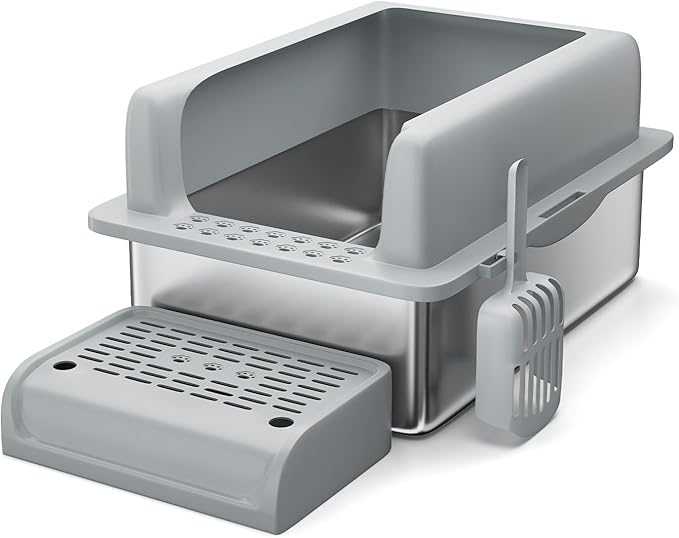 Stainless Steel Cat Litter Box 6 inch, XXL Large Cat Litter Tray with High Side, Platform Step and Scoop for Big Cats Multiple Cats, Easy Clean-Mewly Pet