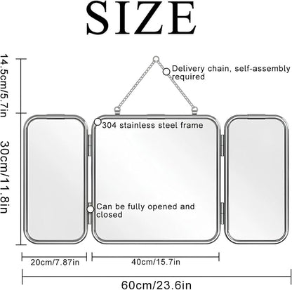 30 * 60cm Modern Tri-Fold Glass Mirror with Chain, Foldable Vanity Makeup Mirrors, Home Wall-Mounted Bathroom Mirror with Metal Frame for to See Back of Head