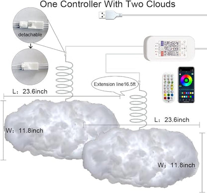 2PCS 3D Big Cloud lightning Light Kit Music Sync Warm Multicolor lightning Changing Strip Lights 360 Degree Wireless Remote APP NO DIY Coolest Decorations for Adults and Kids Indoor Home Bedroom