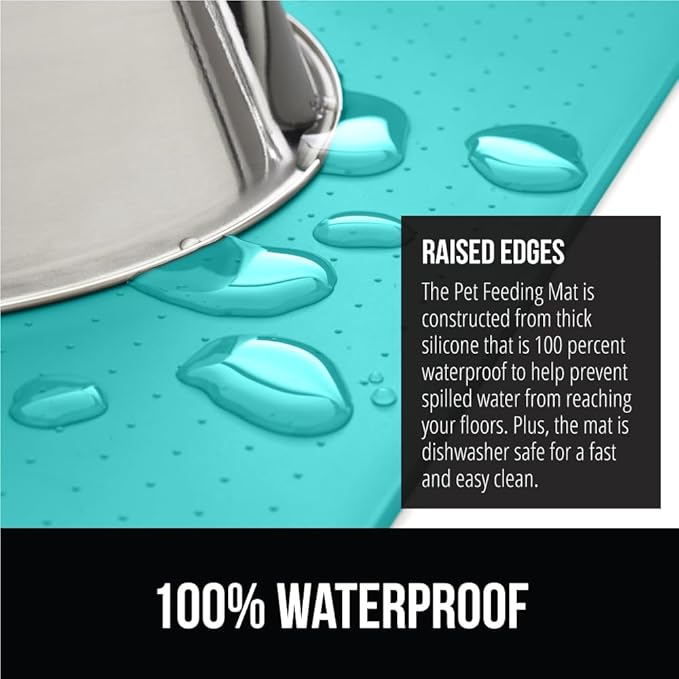 GORILLA GRIP 100% Waterproof Raised Edge BPA Free Silicone Pet Feeding Mat, Dog Cat Food Mats Contain Spills Protects Floors, Placemats for Cats and Dogs Water Bowl, Pets Accessories 23x15 Turquoise-Mewly Pet
