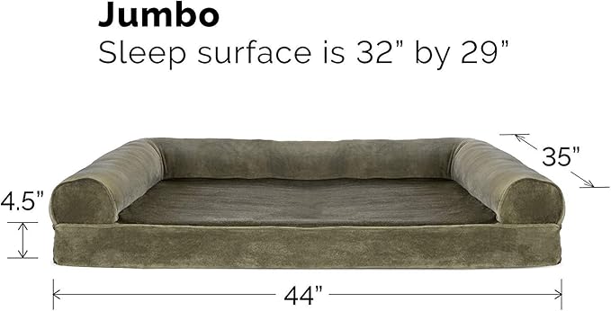 Furhaven Orthopedic Dog Bed for Large Dogs w/ Removable Bolsters & Washable Cover, For Dogs Up to 95 lbs - Faux Fur & Velvet Sofa - Dark Sage, Jumbo/XL-Mewly Pet