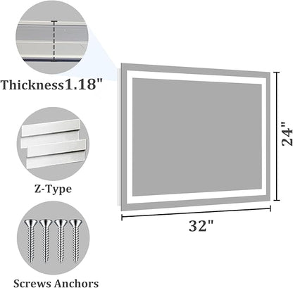 Koonmi 32x24 LED Bathroom Mirror, Backlit + Front Lit, LED Bathroom Mirror with Lights for Wall, 3 Colors, Anti-Fog, Dimmable Brightness, Memory Function, Tempered Glass