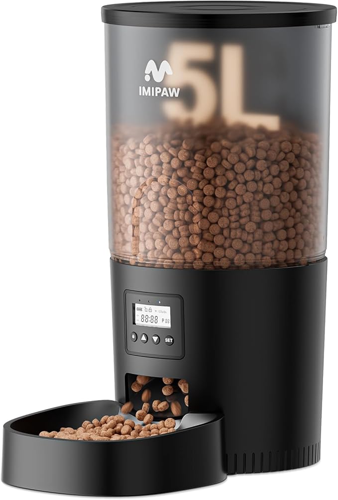 Automatic Cat Feeders, 5L Large Capacity, Timed Feeding Dry Food, Dual Power Design, Programmable Portion Size, 1-6 Meals Per Day, with Desiccant, Suitable for Small Pets Food Dispenser, Black-Mewly Pet