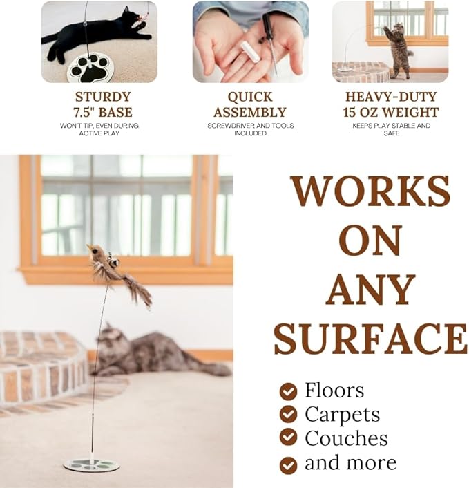 Cat Toys for Bored Indoor Adult Cats Any Surface Base Wand Stimulation Toys for Indoor Cats Cat Feather Toy Cat Feather Cat Toy Wand Juguetes para Gatos Activos Juegos para Gatos-Mewly Pet