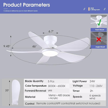 46 Inch Modern Ceiling Fans with Lights, Flush Mount Ceiling Fan with Light and Remote/APP Control, 5 Reversible 6 Speeds Curved Blades, 3 CCT Dimmable Lights for Bedroom, White
