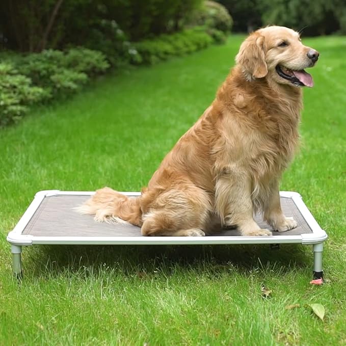 Veehoo Chew Proof Elevated Dog Bed - Cooling Raised Pet Cot - Silver Aluminum Frame and Durable Textilene Mesh Fabric, Unique Designed No-Slip Feet for Indoor or Outdoor Use, Beige Coffee, Large-Mewly Pet