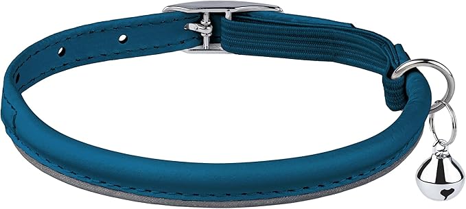 OOPSDOGGY Rolled Leather Cat Collar with Bell, Reflective Kitten Collars with Buckle Include Safety Elastic Strap - Adjustable Small Pet Collars for Boy Girl Cats (Blue)-Mewly Pet
