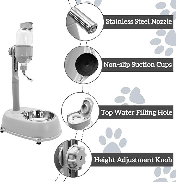 Fhiny Dog Water Feeder Bottle with Stand, Dispenser Automatic Water Food Bowl for Cage Leak-Proof No-Drip Adjustable Raised Pet Slow Water Bottle Dog Kennel Durable Drinker Container-Mewly Pet