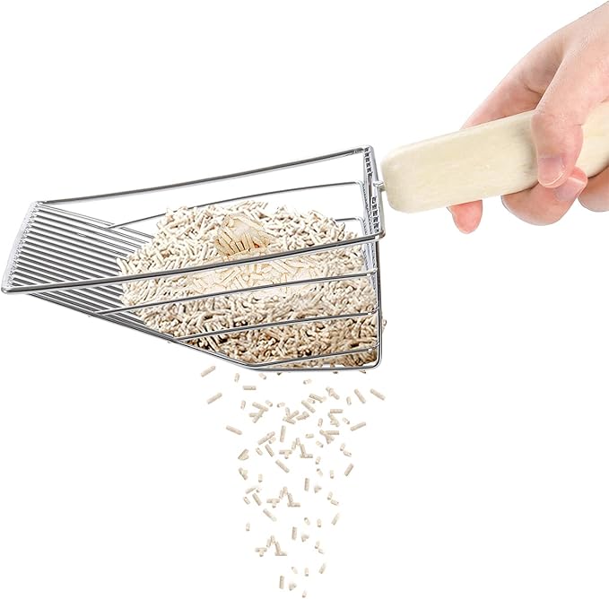 Hiceeden Set of 2 Cat Litter Scoop with Holder, Metal Kitty Litter Scoop Holder with Wooden Handle, Cat Poop Scooper for Kitten Litter Box, Fast Sifting, Gray and Blue-Mewly Pet