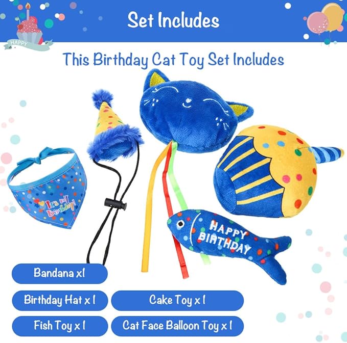 BINGPET Cat Birthday Catnip Toys for Indoor Cats,Cat Birthday Hat,Bandana and Cat Birthday Cake Interactive Plush Kitten Chew Toys,Cute Fish,Balloon Toys with Crinkle Paper and Catnip Inside(Blue)-Mewly Pet