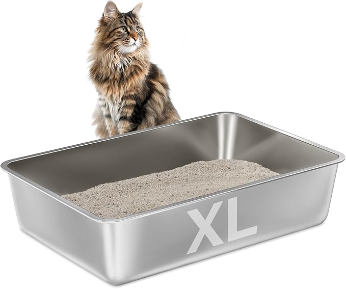 Stainless Steel Litter Box -6in High Sided,XL Metal Cat Litter Box for Big Cats Easy to Clean, Cat LitterBox Metal Pet Toilet for Adult Big Cats,Non Stick, No Smell,23.6"x15.8"x6"-Mewly Pet