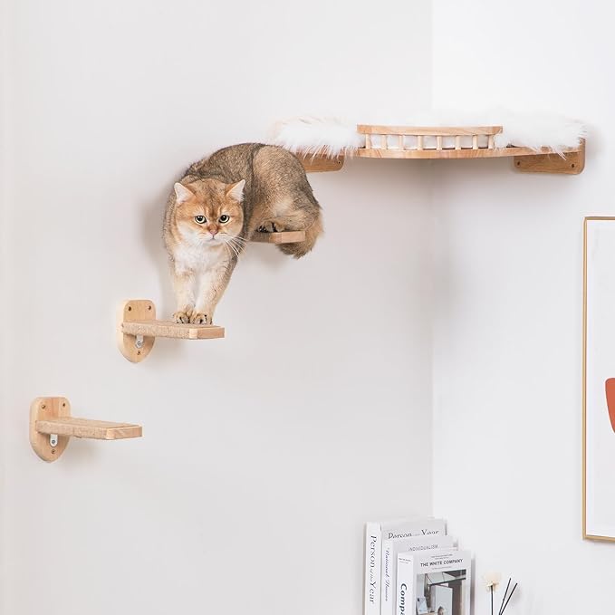3pcs Cat Wall Steps, Climbing Mounted Furniture, Shelves With Hemp Rope Covered, Solid Wood Ladder for Playing and Climbing (Large-Wood)-Mewly Pet