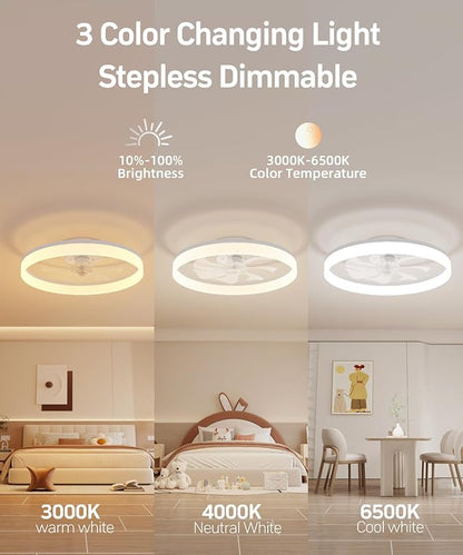 Smart Ceiling Fans with Light and Remote,20'' Low Profile Ceiling Fan with 6-Speed & Dimmable LED, Alexa/APP Home Voice Control, App, Reversible Airflow, App Timer, for Beedroom（White）