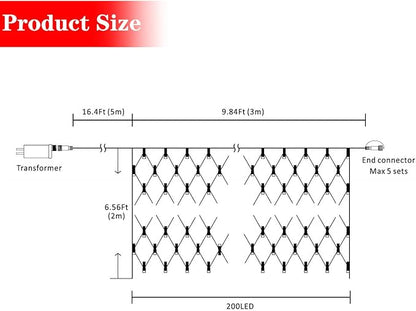 AWQ 200 LED 9.8ft x 6.6ft String Lights Net Mesh Christmas Lights 8 Modes for Christmas Wedding Party Home Garden Lawn Bushes Indoor Outdoor Decor (9.8ft x 6.6ft, Warm White)
