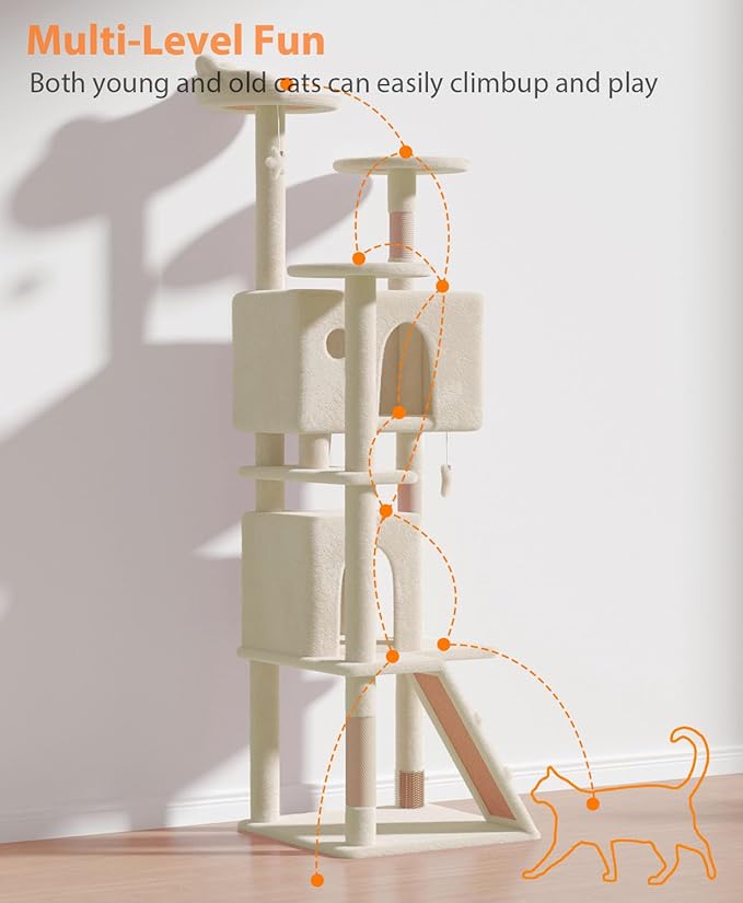 77'' Cat Tree Tower for Indoor Cats Large Adult, Cute/Tall Modern Cat Tree for Big Cats 20 lbs, Plush Multi-Level Cat Condo with Scratching Posts, Dangling Ball for Fun Play (Beige, 77 inch)-Mewly Pet
