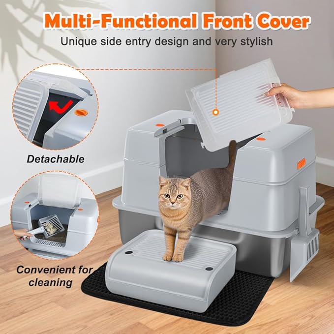 Vivifying Stainless Steel Litter Box with Lid, XL Side Entry Extra Large Litter Box for Big Cats & Kitty, Removable Enclosed Metal Cat Pan with High Sided Enclosure, Scoop, Mat, Footboard (Gray)-Mewly Pet