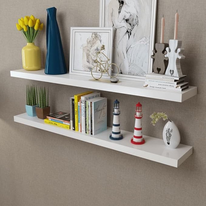 vidaXL Scandinavian-Modern MDF Floating Wall Display Shelves in White – Set of 2 Resistant Wall-Mounted DVD/Book Storage Shelves with Invisible Mounting System