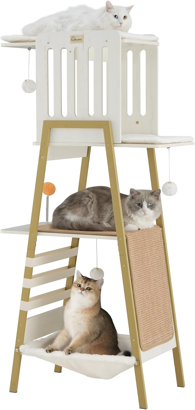 FourFurPets Modern Cat Tree, 58-Inch Cat Tower for Large Cats, Maine Coon Cat Tree with Scratching Board, Large Perch, Hammock and Removable Pads, White-Mewly Pet