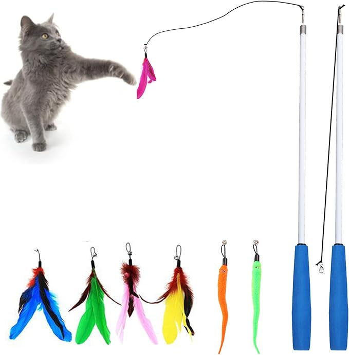 Smokey's Stash Interactive Cat Toy Wand 2pc Cat Fishing Pole Cat Toy for Indoor Cats with Feather and Funny Toy Refills to Drive Kittens Crazy-Mewly Pet