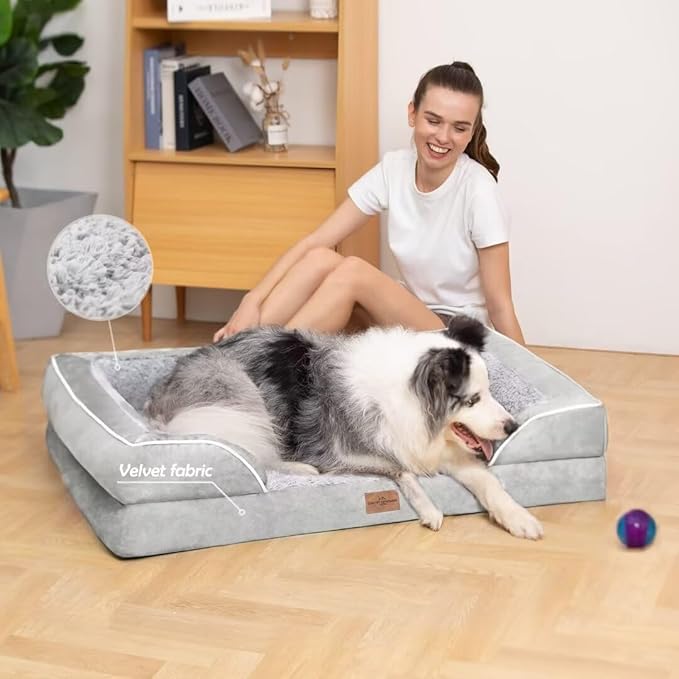 Comfort Expression Large Dog Beds Orthopedic Foam, Waterproof Dog Beds for Dogs Sofa Comfy Pet Bed with Washable Removable Cover & Non-Slip Bottom(Large,Grey White)-Mewly Pet