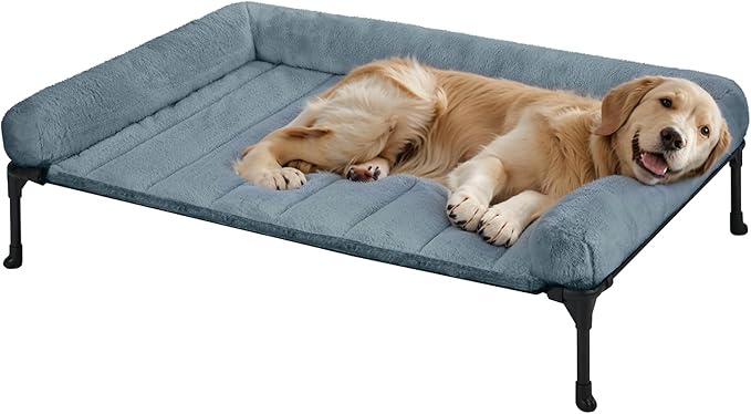 Veehoo Cooling Elevated Dog Bed with Fluffy Plush Bolster Cushion, Indoor Raised Dog Beds for Large Dogs, Soft Pet Sofa Cot with Removable Washable Mat, No-Slip Feet, 42 x 30 inches, Haze Blue-Mewly Pet