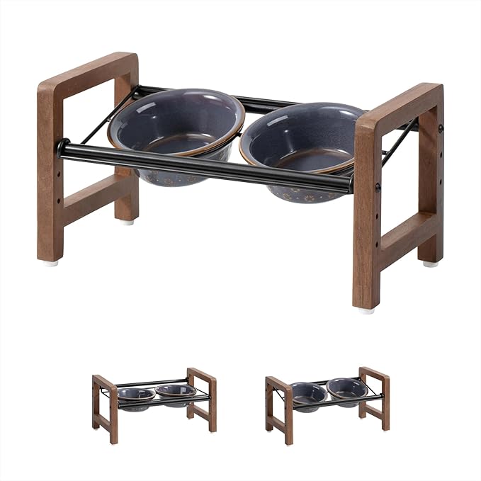 6.3inch Ceramic Adjustable Raised Double Bowls Set with Stand, 3 Heights Elevated, 2 Placement Options,Food and Water Bowls for Adult Cat Small and Medium Dog(Reactived Glaze -Grey)-Mewly Pet
