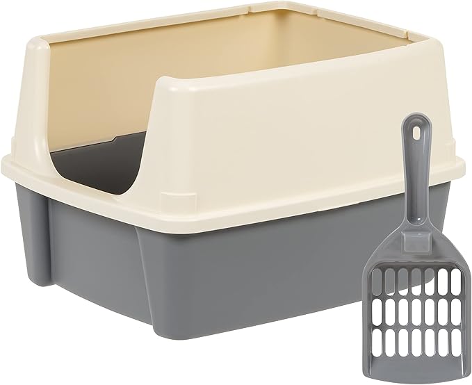 Amazon Basics Large Cat Litter Box with High Sides, Open Top, Includes Scoop, 19 x 15 x 11.75 inches, Grey/Beige-Mewly Pet