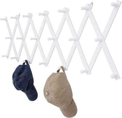 Wall Rack with 20 Hooks, Wooden Wall Expandable Coat Rack for Coat, Hats, Baseball Caps, Coffee Mug, Jewelry(White)