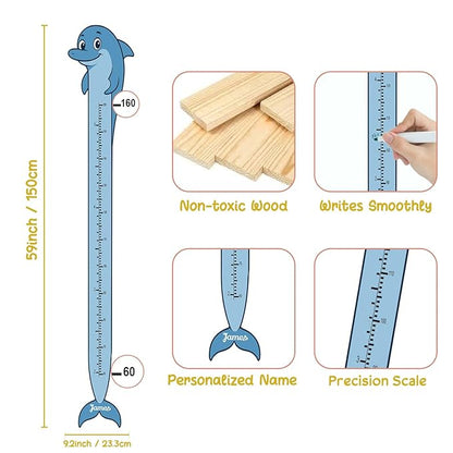 Personalized Growth Chart for Wall, Wooden Height Chart for Kids, Cute Height Measurement for Child/Girls/Boys, Baby and Toddler's Playroom/Kid's Room/Nursery Decor, Dolphin