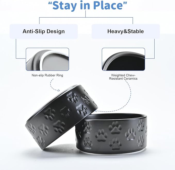 SPUNKYJUNKY Ceramic Dog Bowls 2 Pack, 8.3'' Dog Food Water Double Feeding Bowls Non-Slip for Medium to Large Sized Breed Microwave Dishwasher Safe - 60 OZ, 2pcs, Paw Black-Mewly Pet