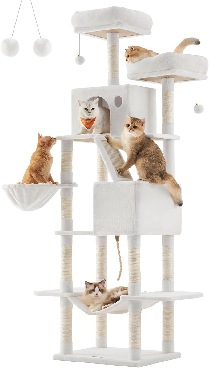 Feandrea Cat Tree, 81.1-Inch Large Cat Tower with 13 Scratching Posts, 2 Perches, 2 Caves, Basket, Hammock, Pompoms, Multi-Level Plush Cat Condo for Indoor Cats, Cream White UPCT190T01-Mewly Pet