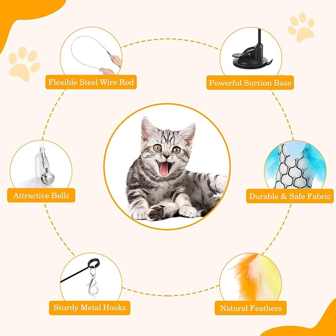 Pawaboo Cat Feather Toys, Interactive Cat Wand Toy with 2-Slot Super Suction Cup, Detachable 2 PCS Spring Cat Wand & 7 PCS Cat Teaser Replacement with Bells, Funny Kitty Toys for Indoor Kittens Play-Mewly Pet