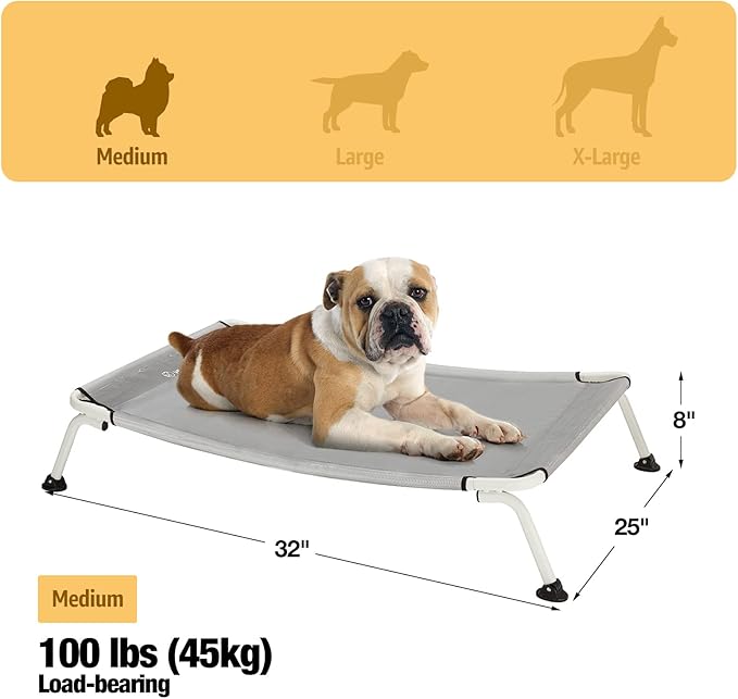 Veehoo Elevated Dog Bed for Outdoor, Cooling Waterproof Raised Dog Cots Beds for Medium Dogs, Curved Off Ground Pet Hammock Cot Lifted for Outside, up to 65lbs, White Legs, Grey 32"-Mewly Pet