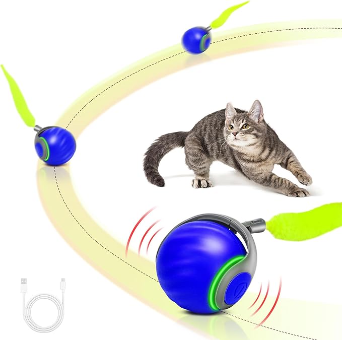Speedy Tail 2.0 Interactive Cat Toy – Smart Self-Rolling Cat Ball with Feather Tail, Automatic Moving Motorized Toy for Indoor Cats, Chasing & Hunting Fun (Blue)-Mewly Pet
