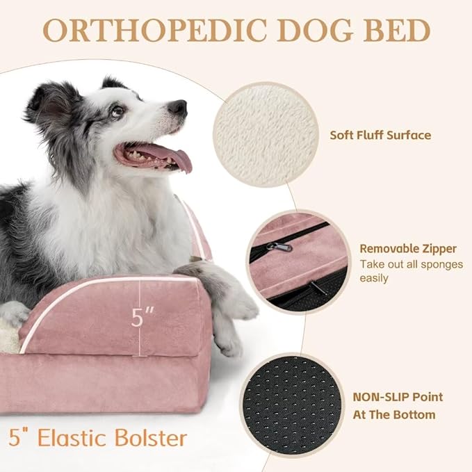 Comfort Expression Waterproof Orthopedic Dog Beds Jumbo Breed, Extra Large Dog Beds, PV Washable Pet Sofa Couch with Removable Cover & Non-Slip Bottom(Pink)-Mewly Pet