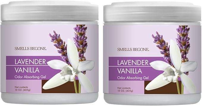 SMELLS BEGONE Air Freshener Odor Absorber Gel - 15 oz, Pack of 2 - Absorbs and Eliminates Odor in Pet Areas, Bathrooms, Cars, & Boats - Made with Essential Oils - Lavender Vanilla Scent-Mewly Pet