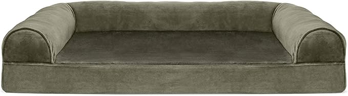 Furhaven Orthopedic Dog Bed for Large/Medium Dogs w/ Removable Bolsters & Washable Cover, For Dogs Up to 55 lbs - Faux Fur & Velvet Sofa - Dark Sage, Large-Mewly Pet
