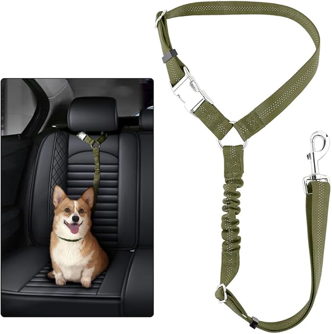 Plutus Pet Dog Seat Belt for Car Headrest, Reflective and Adjustable Restraint with Elastic Bungee for Safety, Vehicle Seatbelt Harness for Small Medium Large Dogs and Cats, Ranger Green-Mewly Pet