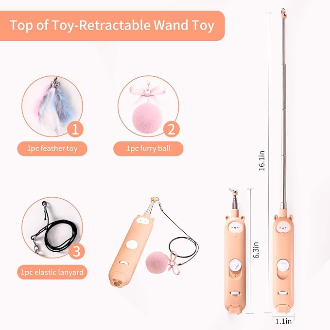 Cat Laser Toys, 2 in 1 Laser Pointer Cat Toys,Internative Cat Toys for Indoor Cats,3+5 Light Modes Cat Wand Toy, Retractable Cat Feather Toys, Long Range Kitten Toys,USB Rechargeable-Mewly Pet