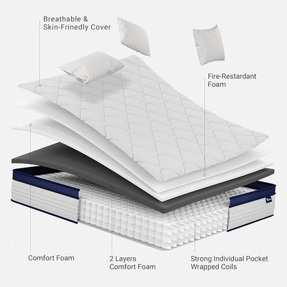 Avenco 10 Inch Twin Size Mattress, Individual Pocket Spring Mattresses for Pressure Relief & Motion Isolation, CertiPUR-US Certified, Small Box