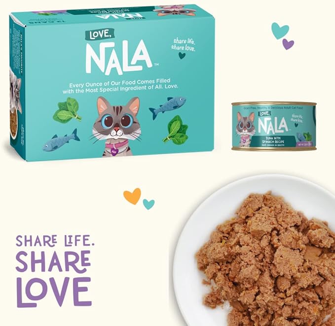 LOVE, NALA - Natural Adult Cat Wet Food - Pate Tuna with Spinach Recipe- Grain Free, Non-GMO, Lean Protein, Iron, Digestive Fiber Blend, Added Minerals & Vitamins - 12 Pack 2.4 lbs.-Mewly Pet