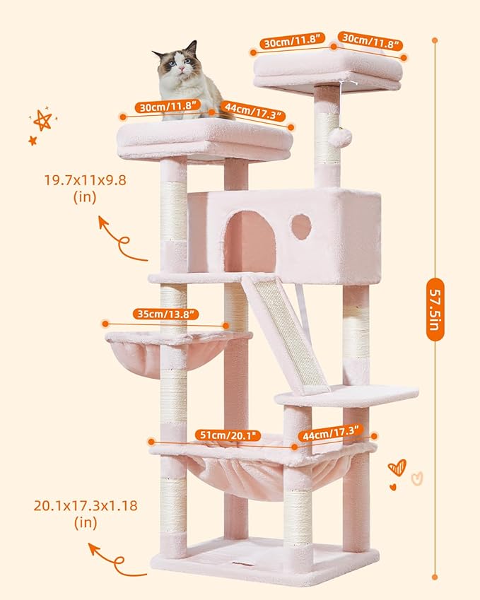 Taoqimiao Cat Tree 57.5-Inch, Cat Tower for Indoor Cats Large Adult, Extra Large Cat Condo, 8 Sisal Scratching Posts, Metal Frame Cozy Hammock, Durable Scratch Board, 2 Top Perches, Jelly Pink MS026P-Mewly Pet