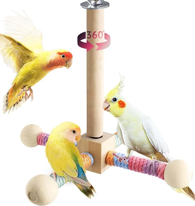 Bird Stand Perch Toy for Small & Medium Birds, 360° Rotating Natural Wooden Parrot Perchs for Bird Cages, Interactive Spinning Toy fo Parrot Parakeets Cockatiels Lovebirds Conures Finches Budgies-Mewly Pet