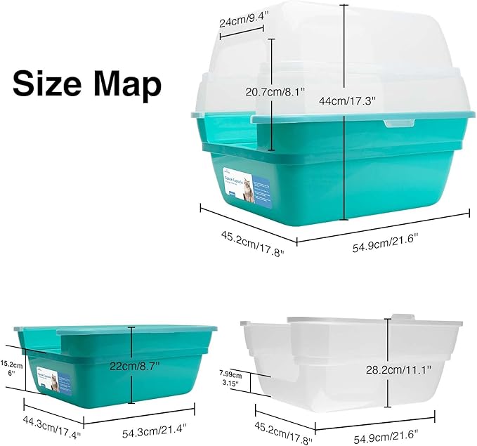 Petfamily Cat Litter Box, Large Foldable Jumbo Hooded Cat Litter Box with Transparent Lid (Teal)-Mewly Pet