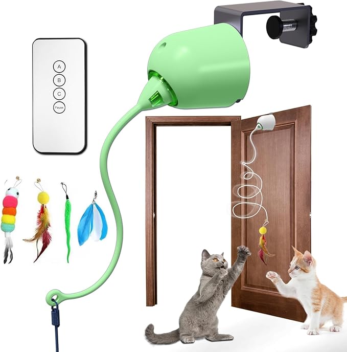 Cat Toys Interactive for Indoor, Cats Toy Hanging Door Electric for Bored,Feather Toy Kitten Rechargeable Door Hanging Automatic String with 4pcs Feather Toys(Green)-Mewly Pet