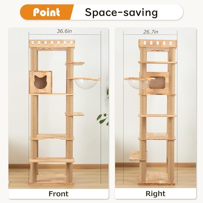 74.8" Wooden Cat Tree Tower for Large Cats, Multi-Level Cat Climbing Furniture with Scratching Posts, Cat Condo & Hammock, Natural Wood Cat Activity Center (Brown)-Mewly Pet